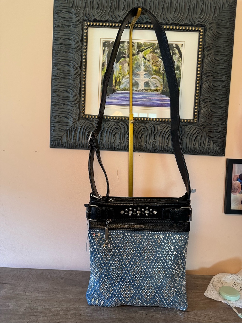Black W/ Blue Stonewashed Denim Rhinestone Studded Shoulder Bag NWOT